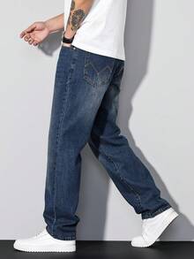 Manfinity Homme Quần jeans nam ống đứng màu xanh nhạt kiểu retro vintage thường ngày. - Rửa trung bình - Xem 4