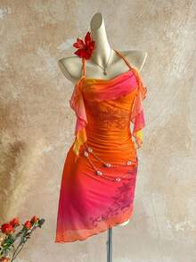 Soleia 女士渐变橙色日落水钻花卉雪纺迷你连衣裙，适合度假、约会、下午茶、海滩、邮轮、海岛度假、城市旅行、音乐节、波西米亚风度假、派对等场合，可内穿或外穿，沙滩套装 - 彩色 - 查看 8