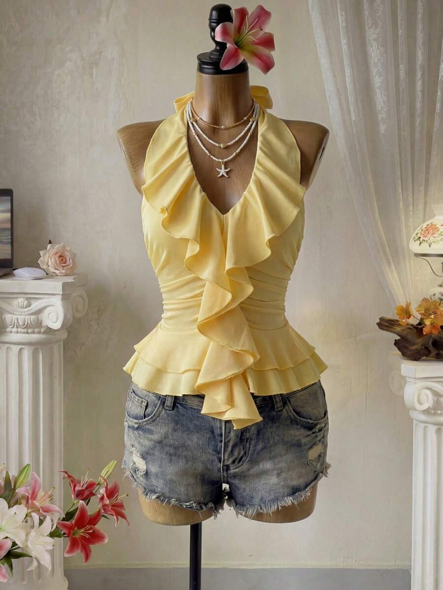 Femesol Women's Summer Elegant Solid-Color Ruffled Slim-Fit Halter Neck Camisole