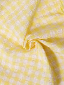 新生女宝宝夏季新款黄白格子刺绣荷叶边连衣裙+蝴蝶结发带两件套优雅套装 - 黃色 - 查看 7