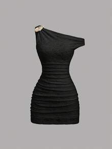 Vestido de vacaciones con hombro asimétrico, textura de tela y pliegues, con estilo Y2K sexy - Negro - Ver 5