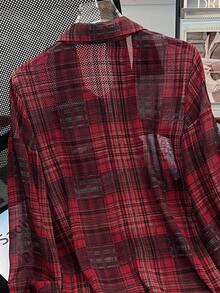 INAWLY 女式格纹轻薄休闲宽松衬衫，时尚防晒，春夏 - 紅色 - 查看 8