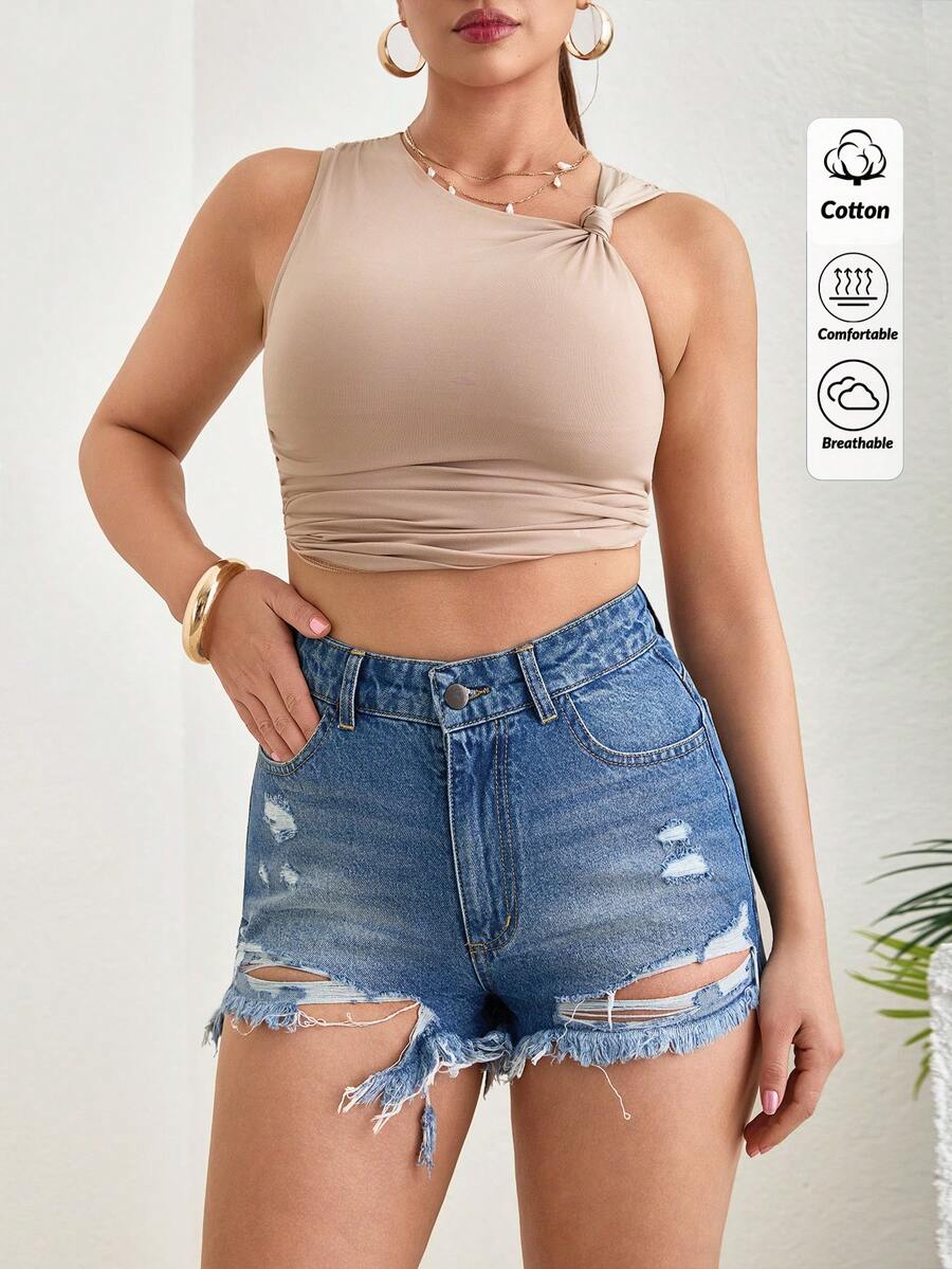 EURMUSE High Waist Mini Denim Short Ripped Summer Casual - Medium Wash - View 1