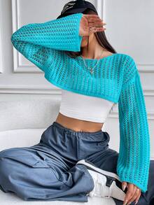 SHEIN Unity Sweater Crop Wanita Seksi Longgar Warna Polos Model Bahu Jatuh Lengan Panjang dengan Lubang di Bagian Bawah - Biru - View 4