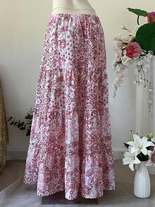 INAWLY Women's Vacation Waist Tassel Tie Floral Print Ruffle Hem Casual Skirt - Pink - View 2