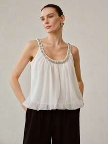 MOTF PREMIUM WOMEN'S ELEGANT CASUAL VACATION RHINESTONE CAMISOLE TOP - White - View 4