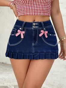 Rivivi 女士牛仔百褶迷你裙 - 深色水洗藍 - 查看 1