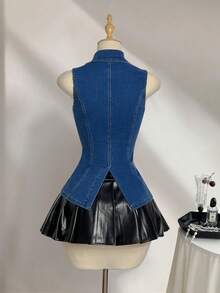 Elamini 女士休闲翻领单排扣牛仔夹克，日常百搭 - 深色水洗藍 - 查看 2