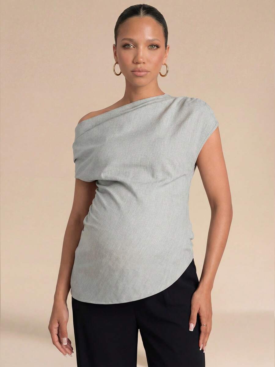 MaterniChic Maternity Summer Grey Blouse With Asymmetrical Shoulder Design, Romantic And Comfortable For Dates - Grey - View 1