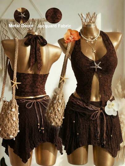 Elin Vora Women's New Summer/Spring Vacation Seasonal Beach Y2K Music Festival Sexy Concert Party Girlfriends Gathering Kocher Music Festival Sexy Brown Jacquard Halter Neck Camisole With Starfish Decoration Sexy Backless Camisole Summer Beach Vacation Slimming Atmosphere Everyday Wear Top X-Shaped Camisole Brown Textured Halter Neck Camisole Sexy High Slit Camisole Starfish Seaside Vacation Camisole Sexy Brown Camisole Bohemian Camisole Boho Brown Vest