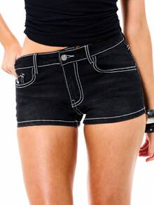 BABYPHAT Stretch Denim Shorts With White Topstitching Detail High Rise Fitted Jean Style Summer Casual Women - Black - View 2
