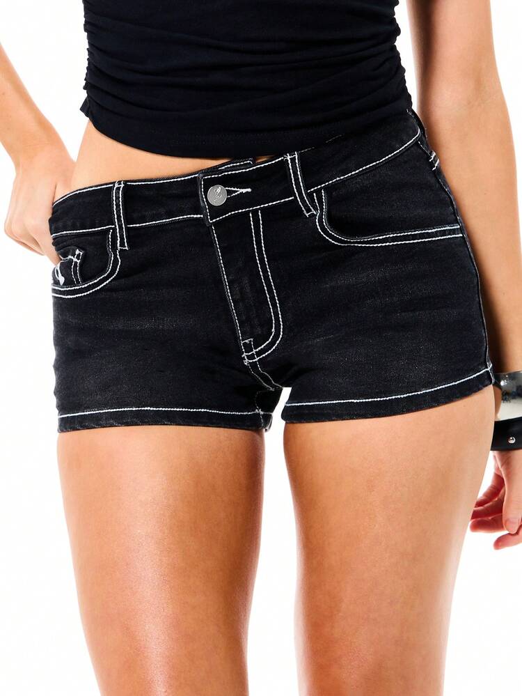 BABYPHAT Stretch Denim Shorts With White Topstitching Detail High Rise Fitted Jean Style Summer Casual Women