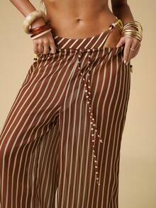 SHEIN BAE Women's Striped Drawstring Waist Casual Versatile Daily Wear Cover Up & Wide Leg Pants Set - Chocolate Brown - View 8