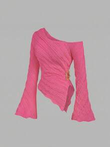 Sweetra Solid Color Flare Sleeve Slim Fit T-Shirt - Hot Pink - View 1