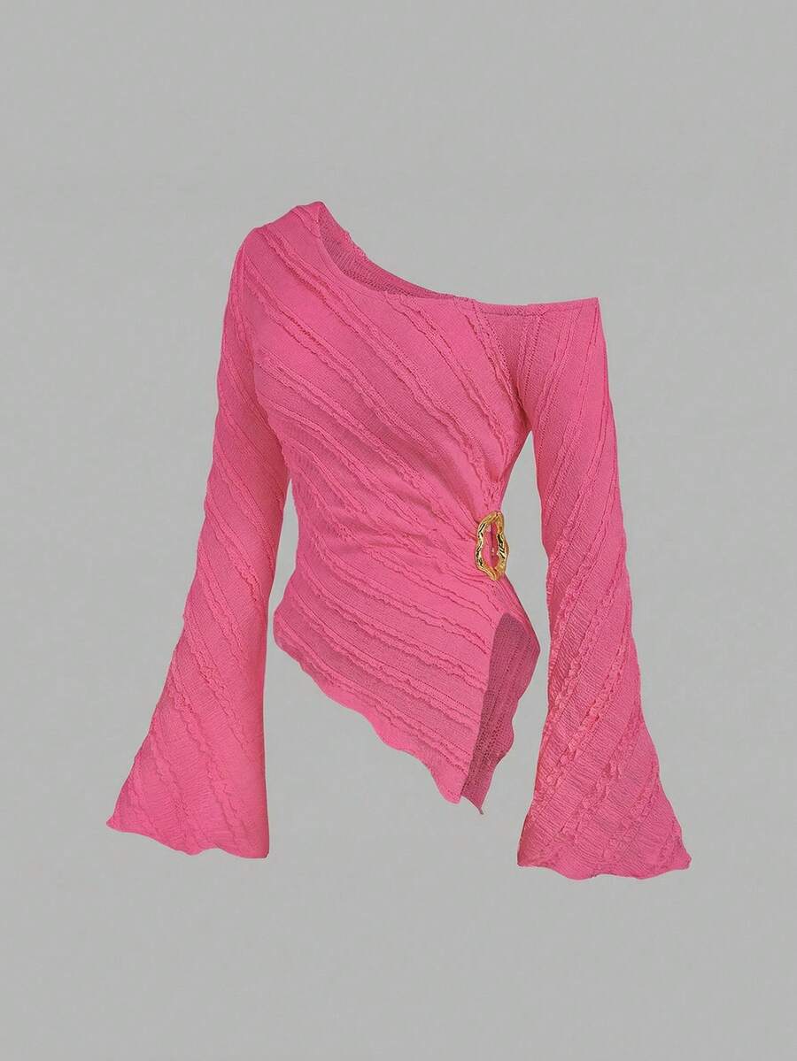 Sweetra Solid Color Flare Sleeve Slim Fit T-Shirt - Hot Pink - View 1