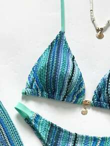 Swim Chiccia 女士夏季度假沙滩条纹挂脖比基尼套装（含泳裤） - 彩色 - 查看 4