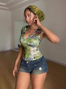 StreetHx Women's Bohemian Style Sexy V-Neck Fitted Short Sleeve T-Shirt,Vacation Outfits Women ,Afro Boho Outfits - Green - View 4