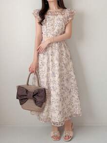 FRIFUL 女士圆领短袖束腰印花连衣裙夏季款 - 灰色 - 查看 2