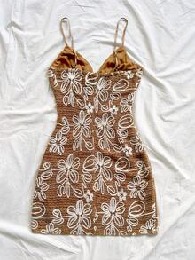 Soleia 女士卡其色优雅性感深V印花修身吊带迷你连衣裙，适合海滩、邮轮、度假、音乐节、波西米亚风、夏季、日常通勤等场合。 - 卡其色 - 查看 2