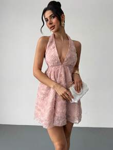 Firerie 女士优雅浪漫迷你连衣裙，适合约会、度假、海滩派对、鸡尾酒会等场合，杏粉色露背V领吊带A字型纹理连衣裙，也可作为婚礼宾客礼服、晚礼服，新款春夏连衣裙 - 粉色 - 查看 4