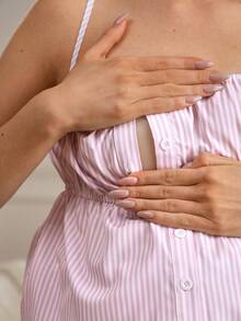 GentleRue Maternity Maternity Striped Camisole Top + Adjustable Waist Pants 2 Pieces Set, Summer, - Pink - View 8