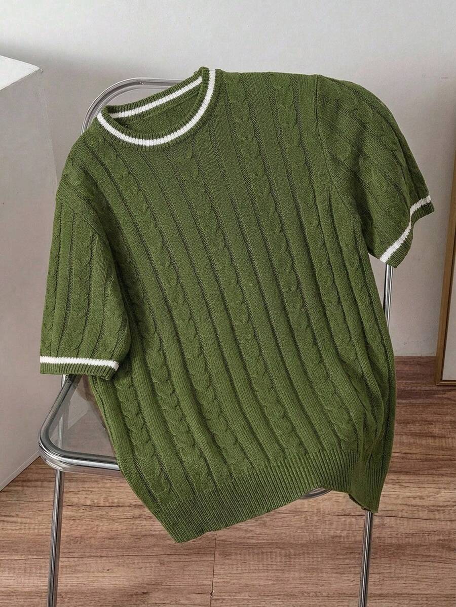 Manfinity Joysei Áo thun nam cổ tròn tay ngắn phối màu tương phản, kiểu dáng casual, thích hợp mặc mùa hè, màu xanh lá cây, áo thun nam màu xanh lá chanh và trắng, phong cách lịch lãm. - xanh quân đội - Xem 1