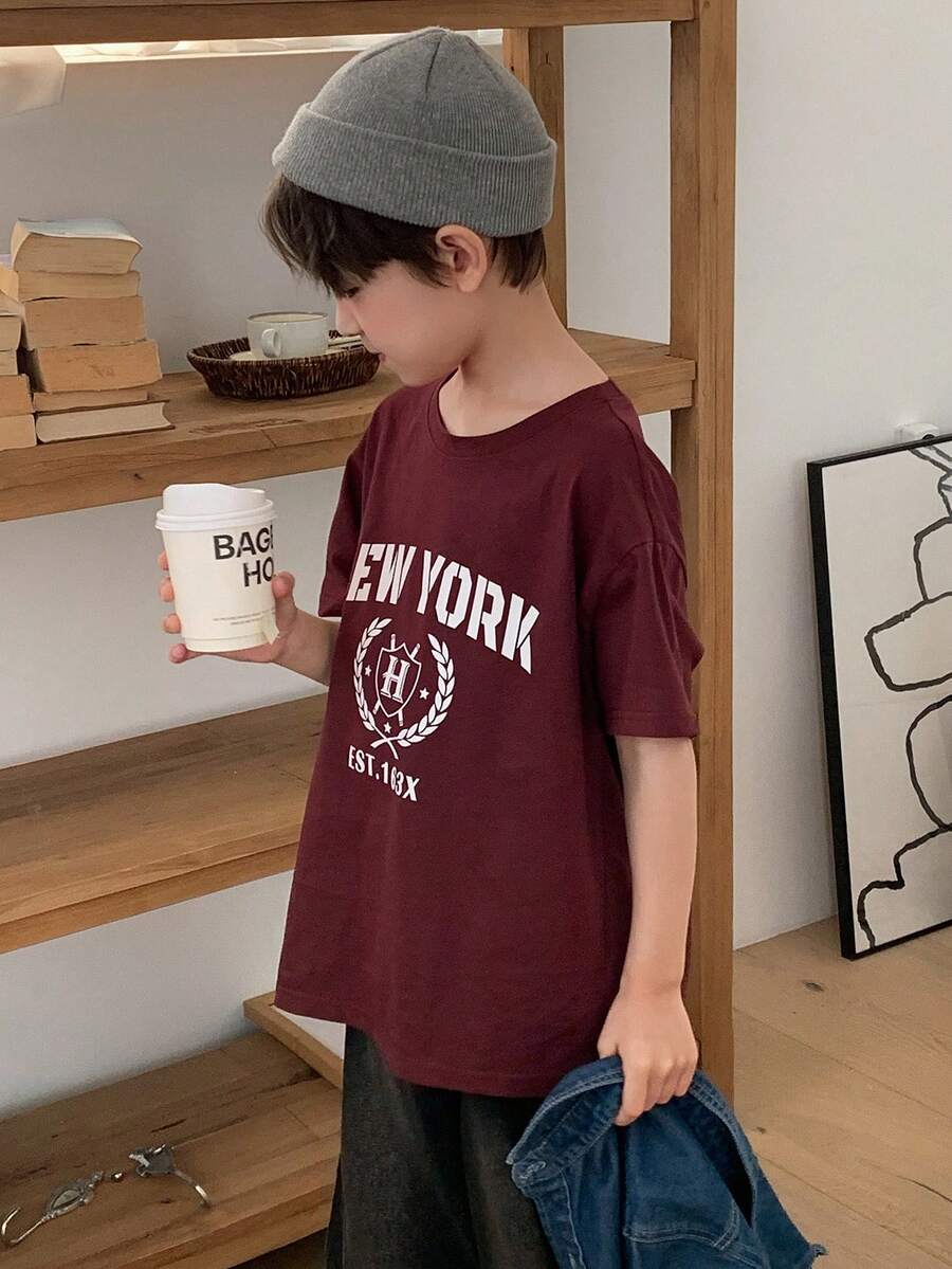 DAZY Tween Boy Letter Print Mock Layered Round Neck Long Sleeve Casual T-Shirt - Burgundy - View 1