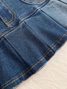 Elamini Y2K 时尚休闲百褶迷你牛仔裙 - 中等水洗藍 - 查看 5