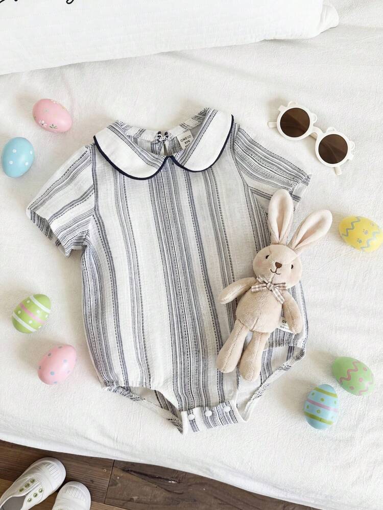 SHEIN Newborn Baby Unisex Casual Cute Striped Lapel Romper, Suitable For Birthday Party, Rave, Evening Party, Performance, Wedding, Full Moon Celebration, Christening And 1st Birthday, Wedding Guest, Baby Shower - Multicolor - View 4