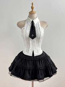 Elamini Bộ đồ nữ màu trắng cổ buộc dây, không tay, eo thon, chân váy xếp tầng phồng màu đen, phong cách Âu Mỹ gợi cảm, vẻ ngoài nữ sinh điệu đà. - Đen và trắng - Xem 1