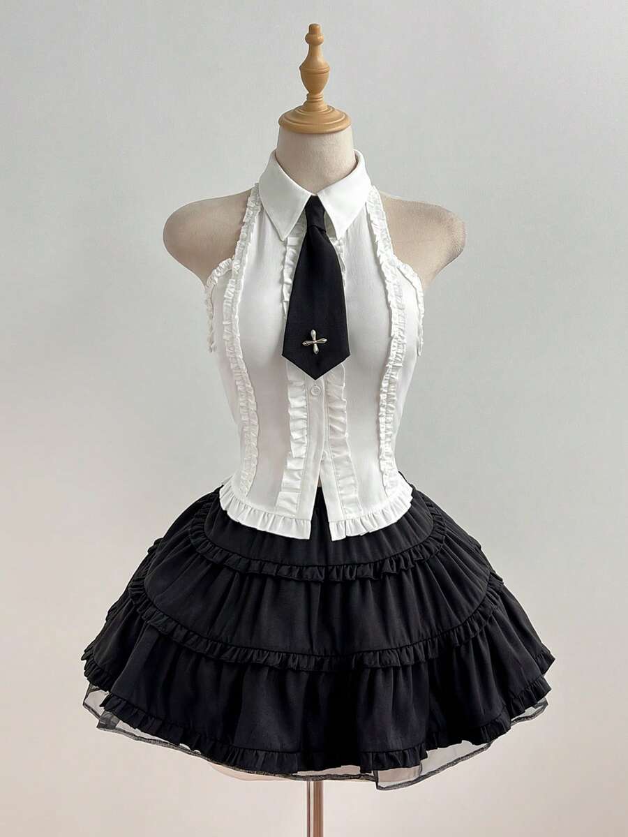 Elamini Bộ đồ nữ màu trắng cổ buộc dây, không tay, eo thon, chân váy xếp tầng phồng màu đen, phong cách Âu Mỹ gợi cảm, vẻ ngoài nữ sinh điệu đà. - Đen và trắng - Xem 1