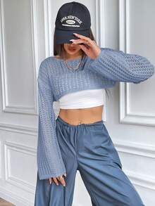 SHEIN Unity 女士镂空落肩长袖性感宽松短款毛衣 - 藏蓝色 - 查看 7