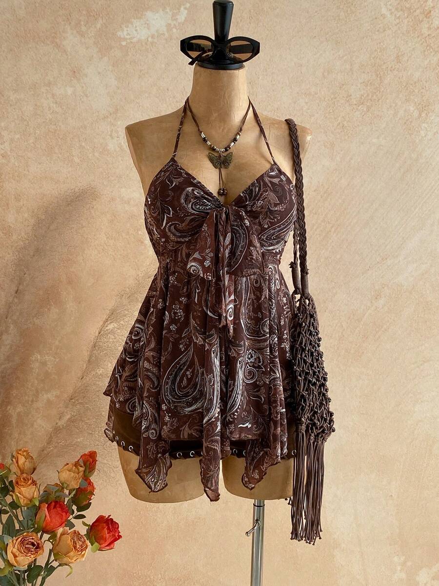 Soleia 春夏新款休闲度假西部海滩婚礼宾客着装毕业早午餐圣帕特里克节春假复活节音乐节优雅波西米亚热带佩斯利印花系带女式背心 - 彩色 - 查看 1