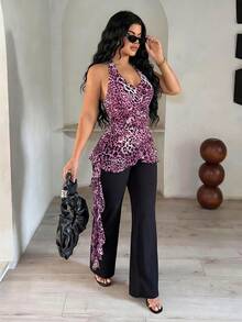 SHEIN SXY Fashionable Sexy Leopard Print Ruffle Backless Halter Top Leopard Print Top Animal Print Top Cheetah Print Top Pink Leopard Print Top - Purple - View 3
