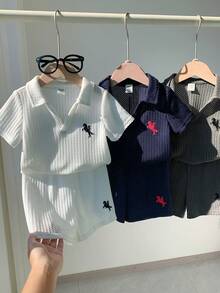 SHEIN 6件套男女宝宝休闲日常针织衫套装，Polo领短袖针织上衣和短裤套装，春夏男宝宝服装，套装 - 彩色 - 查看 4