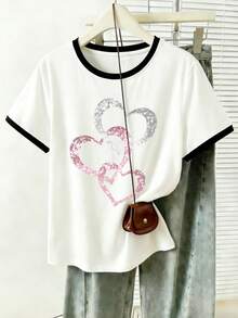 Resyla 心形图案极简主义女式圆领短袖T恤 - 彩色 - 查看 3