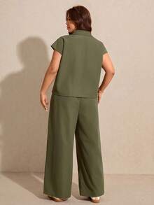 Elaquor 大码女式单排扣上衣和阔腿裤休闲两件套 - 軍綠色 - 查看 2