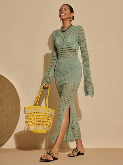 Bóhologie Going Outfit Crocheted Dress Vacation Summer Dress Women V-Neck Hollow Out Bodycon Knit Cover Up Dress Beachwear Boho Style Spring Dress
