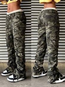 StreetHx Women's Camouflage Pocket Button Casual Jeans, Versatile For Daily Wear - Multicolor - View 1