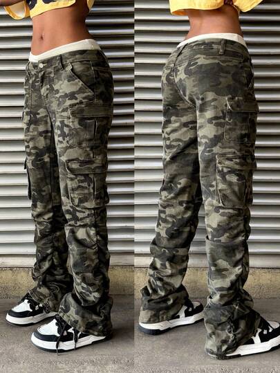 StreetHx Women's Camouflage Pocket Button Casual Jeans, Versatile For Daily Wear