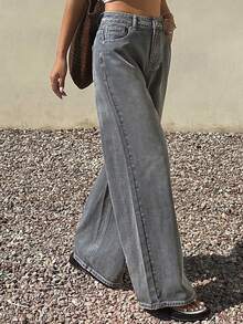 Livesso Quần jeans nữ dáng rộng, rách nhẹ, thích hợp cho mùa xuân và mùa hè. - Xám - Xem 4