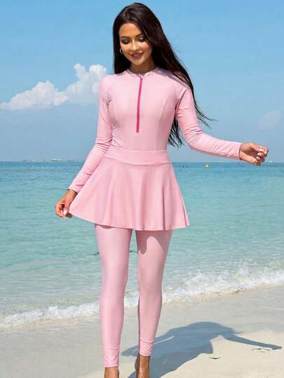Swim Shayni 26SS Spring/Summer Beach Vacation Young Pink 3 PiecesMiddle East Style Swimsuit Modest Bathing Suit For Women Burkini Set For Women Pink Beach Outfit Pink Two Piece Outfit Modest 2 Piece Swimsuit 2026 New Women's Swimwear ArrivalFor School,Suitable For Holiday, Date, Afternoon Tea, Western, Cruise, Beach, Island, Road Trip, All Seasons, Music Festival, Boho Vacation,Bohemian Vacation, Chill Autumn ,Western Boho ,Elegant Tops For Women Pink Two Piece Swimsuit Pink Two Piece Set Women Pink Outfit
