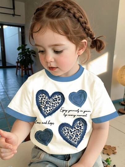 SHEIN Baby Girl Retro Leopard Print Heart Pattern Casual Short Sleeve Top, Cute Summer, Summer Items, Korean Style, Easy Comfort, Stylish, Y2K, Kawaii, Party, Everyday, Vacation, Cute, Comfy, Summer 2026, Cottagecore, Weekend Casual, Family Outing, Photoshoot, Chill Chill, & Graphic Tops