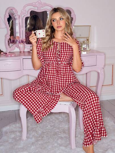 Söt tjejpläd casual pyjamaset, volangkantad sömnad, röd ung casual lös linne och vida benbyxor pyjamaset, feminin elegant damsömnad