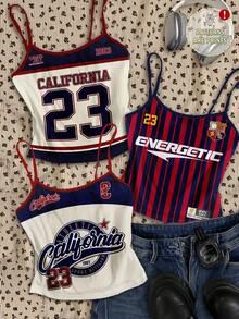 SHEIN Attitoon Bộ 3 áo hai dây ôm sát kiểu dáng retro tối giản, in số và tiếng Anh dành cho nữ, thích hợp cho mùa hè và các hoạt động thể thao. - Nhiều màu - Xem 7