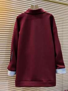 Franclia Sudadera de manga larga con hombros caídos, de talla grande, con diseño de rayas y parches - Burdeos - Ver 2