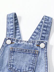 SHEIN Young Girls Denim Bib Pants And Jumpsuit New Casual Fashion Pleated Skort Design Sweet School Style Light Blue Denim Jumpsuit Shorts - Blue - View 8