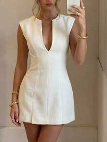 Firerie Elegant Minimalist Refined Dignified Fashion Cocktail Party Valentine's Day Date Wedding Guest Holiday Birthday Gathering Deep V-Neck Cap Sleeve Cinched Waist A-Line Umbrella Skirt White Mini Dress - White - View 1