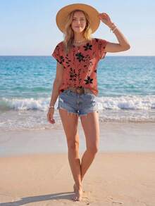 Sylviya 女士休闲复古碎花圆领短袖衬衫，适合秋夏季节穿着，时尚百搭。 - 紅木色 - 查看 5