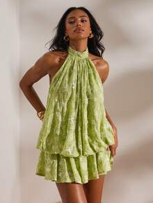 Opulessa Đầm ngắn trễ vai màu trơn đính cườm dành cho nữ, thích hợp cho mùa xuân/hè. - màu xanh lá - Xem 9